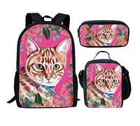 Showudesigns Lot de 3 sacs à dos pour filles avec boîte à déjeuner, sac d'école primaire et trousse à crayons, Chat Fleur Rose, Taille unique, Sac à dos enfant