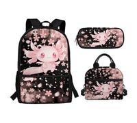 Showudesigns Sac à dos pour enfants avec boîte à déjeuner pour filles 8-10 10-12 ans garçons ensemble 3 en 1, Fleur de cerisier Axolotl 2, taille unique