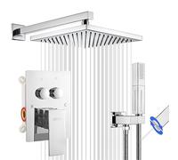 SHOYELA Système de douche chromé à montage mural, ensemble de robinets de douche à bouton poussoir avec inverseur 2 en 1, pommeau de douche de 25,4 cm, toutes les fonctions utilisation simultanée