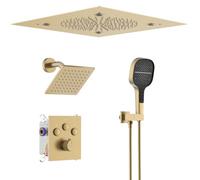 SHOYELA Système de douche thermostatique avec support au plafond - Pomme de douche LED de 40,6 cm - Or brossé - Robinet de douche inverseur à bouton poussoir avec pommeau de douche 3 en 1, pommeau de