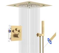 SHOYELA Système de douche thermostatique Robinet de douche à montage au plafond en or brossé Ensemble de robinets de douche inverseur à bouton-poussoir avec 2 en 1, pommeau de douche LED de 16 pouces