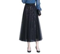 SHPEHU Décontracté Et Ample Jupe Plissée Mi-Longue en Tulle À Sequins Et Résille Taille Haute, Coupe Ajustée Et Tendance.-Noir-XL