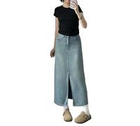 SHPEHU Décontracté Et Ample Jupes en Jean pour Femmes, Été, Taille Haute, Fente, Longueur Mi-Longue, Coupe Trapèze, Élégantes-Bleu-L