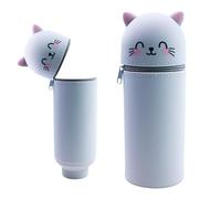 SHRADS Kawaii Étui École 2 en 1 en Silicone Souple, Trousse Silicone Verticale, Fermeture Éclair en Silicone, Trousse à Crayons en Silicone pour Enfants Plusieurs Couleurs et Styles-Chat Gris