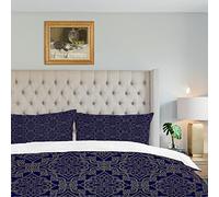 Shrahala Gold Blue Floral Duvet Cover Set King Size, Vintage Damask Navy Blue Floral Design 3 Pieces Soft Brushed Duvet Covers with Button Closure, 1 Duvet Cover 104x90 inches and 2 Pillow Shams