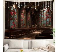 Shrahala Tapisserie murale chapelle abandonnée, roses en vitrail, étain cassé, champignons, grande tapisserie murale à suspendre en fibre de polyester, ourlet blanc pour dortoir, chambre à coucher