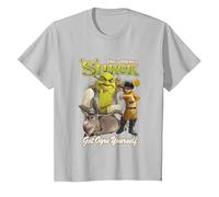 Shrek Get Ogre Yourself Donkey Shrek Puss in Boots 90's Logo T-Shirt, Enfant, Argent, 8 Ans