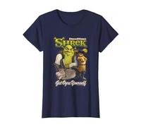 Shrek Get Ogre Yourself Donkey Shrek Puss in Boots 90's Logo T-Shirt, Femme, Bleu Marine, M