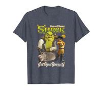 Shrek Get Ogre Yourself Donkey Shrek Puss in Boots 90's Logo T-Shirt, Homme, Bleu Chiné, S