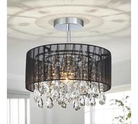 SHRINE Lighting Kristall-Lustre, design moderne, plafonnier pour pièces à vivre, D40 x H35 cm, douilles E27*1, abat-jour en tissu noir & cadre finition chromée