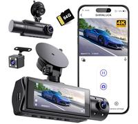 SHRINLUCK X5 4K WiFi Dashcam Voiture Avant Arrière Intérieur, Carte SD 64G, 2160P+1080P+1080P FHD 3 Canaux Dash Cam,Camera Voiture Triple 360° Tous Côtés,G-Capteur,WDR,Vision Nocturne,24H Mode Parking