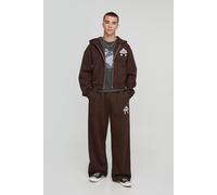 Shrunken Fit Cow Print Cross Applique Zip Through Hoodie homme - brun - XS, brun