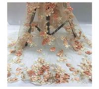 SHTGOI 1 yard Tissu brodé 3D en tulle avec quatre trèfles à quatre feuilles pour couture faite à la main, robe de mariée, décoration de maison, 129,5 cm de large, orange