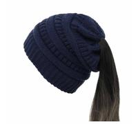 SHTGOI Bonnet queue de cheval en laine tricotée - Bonnet d'hiver doux et extensible avec trou de boucle - Bonnet ample - Grosse maille - Bonnet chaud pour femme et fille avec cheveux longs