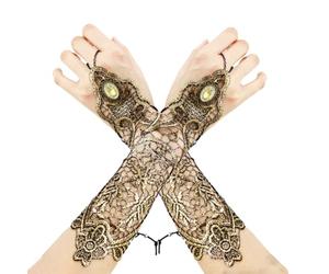 SHTGOI Mitaines gothiques dorées sans doigts victorien steampunk faits à la main longs gants en dentelle strass fleurs brodées gants de mariée gants de mariage, Lot de 2, 8*26cm