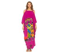 SHU-SHI - Caftan/robe longue - pour femme - épaules nues - look décontracté/de plage - grande taille - taille unique - fuchsia - motif famille