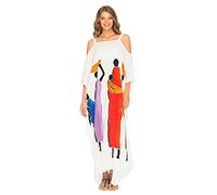 SHU-SHI - Caftan/robe longue - pour femme - épaules nues - look décontracté/de plage - grande taille - taille unique - blanc - motif nomade