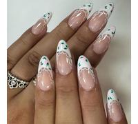 Shuade Lot de 24 faux ongles en acrylique brillant avec dentelle et fleurs pour une application rapide