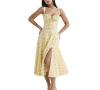 Shuanghao Robe Femme Chic et Elegant été sans Manches Bretelles Spaghetti Longue Taille Casual Vintage Robes D'été Fleurie Boheme Robe de Plage Mariage Invitée Femmes Fleurs Jaunes S
