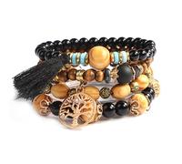 SHUBEIEUMI Bracelet Perles Bois pour Femme, Lot de 4 Bracelets Style Bohème, Bracelet Extensible Multicouche avec Accessoires Arbre De Vie et Gland, Noir