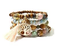 SHUBEIEUMI Bracelet Perles Bois pour Femme, Lot de 4 Bracelets Style Bohème, Bracelet Extensible Multicouche avec Accessoires Arbre De Vie et Gland, Rose