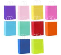 SHUBEIEUMI Lot de 10 Sacs Cadeaux en Kraft Avec Poignées, 21x15x8 cm Petite Taille Sacs en Papier pour Anniversaires, Mariages, Baby Showers-Coloré