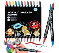 SHUBEIEUMI Stylos Acryliques, 12 Couleurs Feutre Acrylique, Feutre Marqueur Peinture Acrylique (Pointes Fine et Pinceau), Marqueurs de Peinture pour Roche, Verre, Bois, Céramique et Tissu