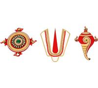 Shubh Labh Ganesh ji Shankh Chakra Namah of Lord Vishnu Tirupati Balaji Tilak Acrylic Rangoli Stickers Wall Handcrafted Indian Traditional Festival Pooja Main Door Mandir Home Decor (Size:-4")(Red)