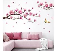 SHUCHING Stickers Muraux Branche à Fleurs Roses, Autocollant Mural Magnolia Rose, Décoration Murale pour Salon Chambre