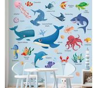 SHUCHING Stickers Muraux Enfants Océan, Autocollant Mural Éducatif de Noms de Poissons de Mer, Décoration Murale Chambre Enfant Bébé Bureau Salle de Bain