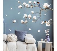 SHUCHING Stickers Muraux Fleur Blanc, Autocollant Mural Magnolia Blanche, Décoration Murale pour Salon Chambre(Côté Droit)