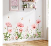 SHUCHING Stickers Muraux Fleurs Roses Aquarelles, Autocollants Muraux Fleurs Coquelicots, Décoration Murale pour Chambre Salon Salle de Bain