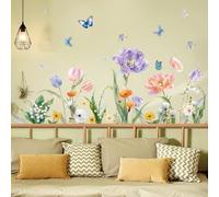 SHUCHING Stickers Muraux Fleurs Tulipe Aquarelles, Autocollants Mural Fleurs Violettes, Décoration Murale pour Salon Chambre