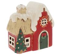 Shudehill Giftware Maisons de bougies chauffe-plat en céramique pour village de Noël, motifs de Noël rouges et blancs, beaucoup de motifs au choix (style fenêtres rondes)