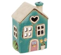 Shudehill Giftware Village Pottery Photophore en céramique Motif Maison Florale Bleu Sarcelle Cœur