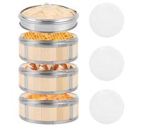 SHUESS Cuiseur vapeur en bambou 3 pièces avec couvercle Ø 20 cm - Appareil de cuisson vapeur en bambou avec supports en silicone - Cuiseur vapeur empilable en bambou pour légumes, dumplings, dim sum