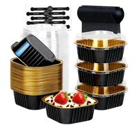 SHUESS Lot de 100 mini moules à gâteau carrés réutilisables en aluminium avec couvercles et cuillères avec autocollants pour la cuisson du pain (noir doré) - 175 ml