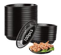 SHUESS Lot de 100 paniers alimentaires ovales en plastique - 22 x 14 x 4 cm - Panier alimentaire noir pour servir - Paniers de service réutilisables pour restaurants, fêtes et pique-niques, idéal pour
