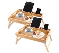 SHUESS Lot de 2 plateaux de lit en bambou - 41,5 x 30 x 20,5 cm - Plateau de petit-déjeuner avec pieds pliables - Plateau pour manger sur les genoux avec fente multimédia, idéal pour lit, canapé,