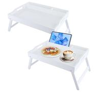 SHUESS Lot de 2 plateaux de lit en bambou blanc - 41,5 x 30 x 20,5 cm - Plateau de petit-déjeuner avec pieds pliables - Plateaux pour manger sur les genoux avec fente multimédia, idéal pour lit,