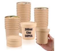 SHUESS Lot de 50 gobelets en carton de 380 ml avec couvercle - Bols ronds - Gobelets à emporter avec couvercle marron