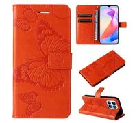 ShuiSu Étui portefeuille en cuir végétalien pour Honor X6a, étui de protection à rabat avec beau motif papillon, fermeture magnétique, béquille, poches pour cartes et bracelet (KP3) - Orange