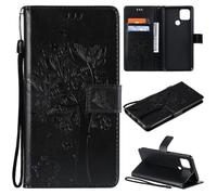 ShuiSu Étui portefeuille en cuir végétalien pour OPPO A15/A15S, étui de protection à rabat avec beau motif arbre, fermeture magnétique, béquille et poches pour cartes (KP2) - Noir