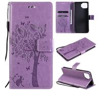 ShuiSu Étui portefeuille en cuir végétalien pour OPPO F17/A73 2020 4G, étui de protection à rabat avec beau motif arbre, fermeture magnétique, béquille, poches pour cartes et bracelet (KP2) - Violet