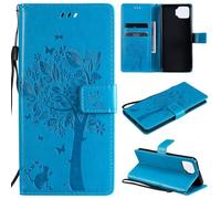 ShuiSu Étui portefeuille en cuir végétalien pour OPPO F17/A73 2020 4G, étui de protection à rabat avec beau motif arbre, fermeture magnétique, béquille, poches pour cartes et bracelet (KP2) - Bleu