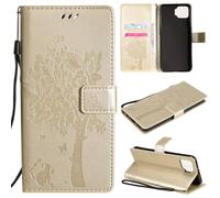 ShuiSu Étui portefeuille en cuir végétalien pour OPPO F17/A73 2020 4G, étui de protection à rabat avec beau motif arbre, fermeture magnétique, béquille, poches pour cartes et bracelet (KP2) - Doré