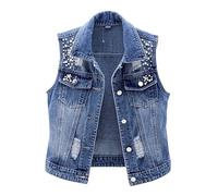Shulemin Gilet en jean pour femme sans manches avec revers et perles décoratives à simple boutonnage Couleur unie Gilet vintage Couleur unie Veste pour femme, bleu, XL