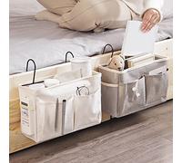 Shunfaji Panier de Lit Chevet Suspendu, Bedside Pocket en Toile Imperméable Sac de Rangement de Chevet pour Téléphone, Télécommande, Journal, Stylo, Magazine, Lunnettes (Blanc + Gris)