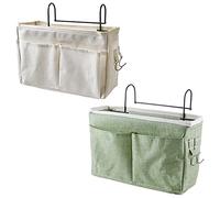 Shunfaji Panier de Lit Chevet Suspendu, Bedside Pocket en Toile Imperméable Sac de Rangement de Chevet pour Téléphone, Télécommande, Journal, Stylo, Magazine, Lunnettes (Blanc + Vert)