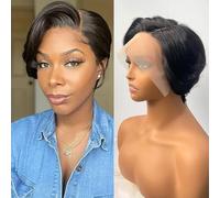 SHUNHUIXC Perruque de cheveux humains avec dentelle frontale de 33 x 10,2 cm, coupe pixie courte, sans colle, pour femme noire, densité de 180 %, ligne de cheveux naturelle, noir naturel